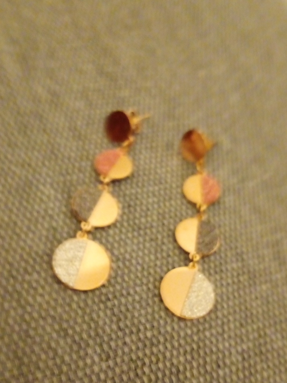 NEW Gold Tone Tri-Disc Drop Earrings Rose Gold, Gold + Silver Accents